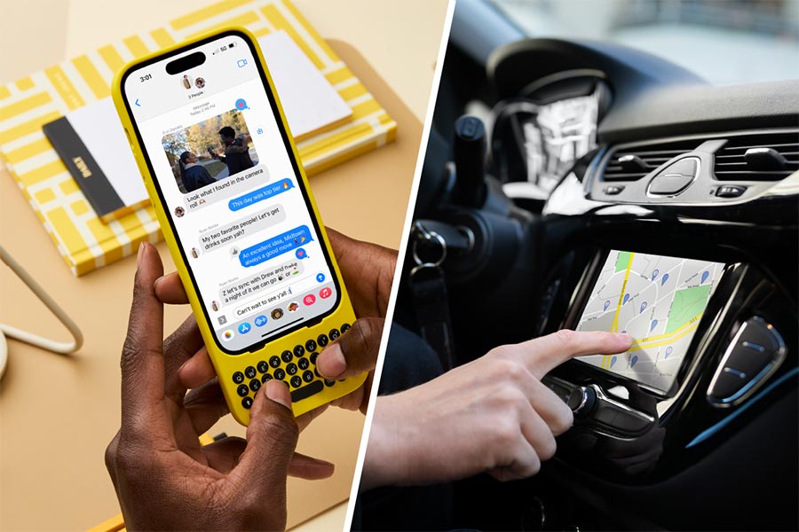 Split-screen image: On the left, a person's hands texting on a yellow smartphone; on the right, a finger pointing to a car's touchscreen navigation system.